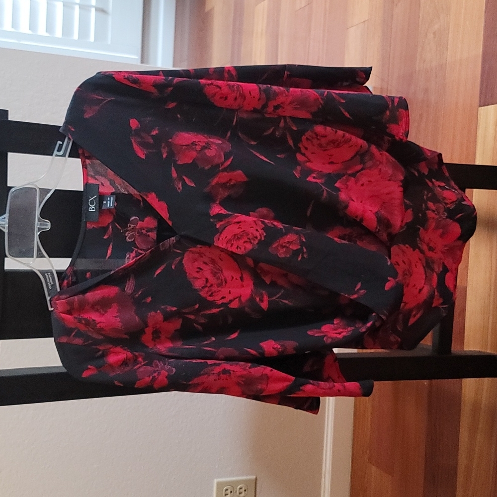 BCX Red/Black Blouse Faux Wrap